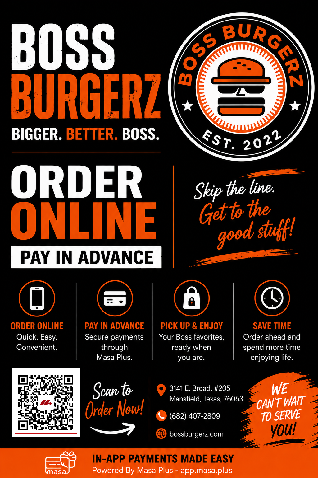 Boss Burgerz skip the line and pay ahead flyer