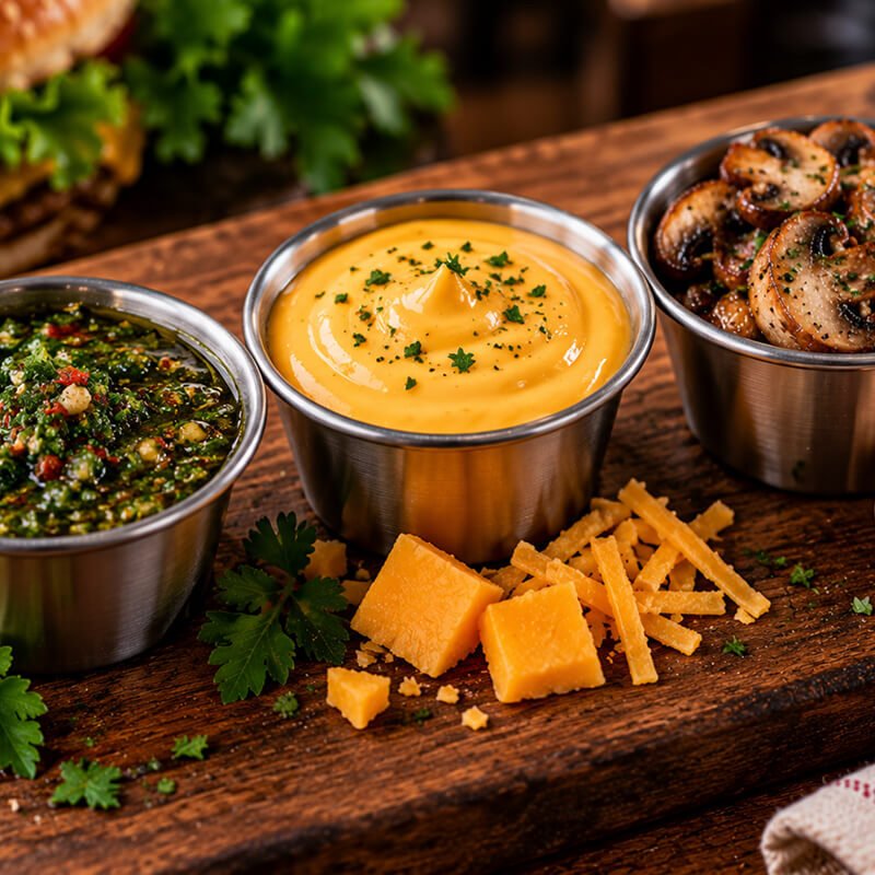 Chimichurri · Cheese sauce · Mushrooms
